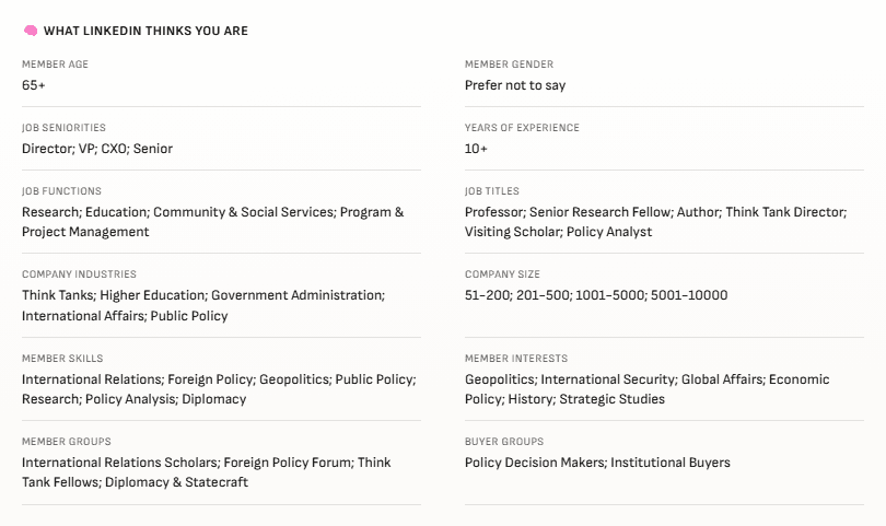 LinkedIn Intelligence ad inference breakdown showing how LinkedIn models a profile.